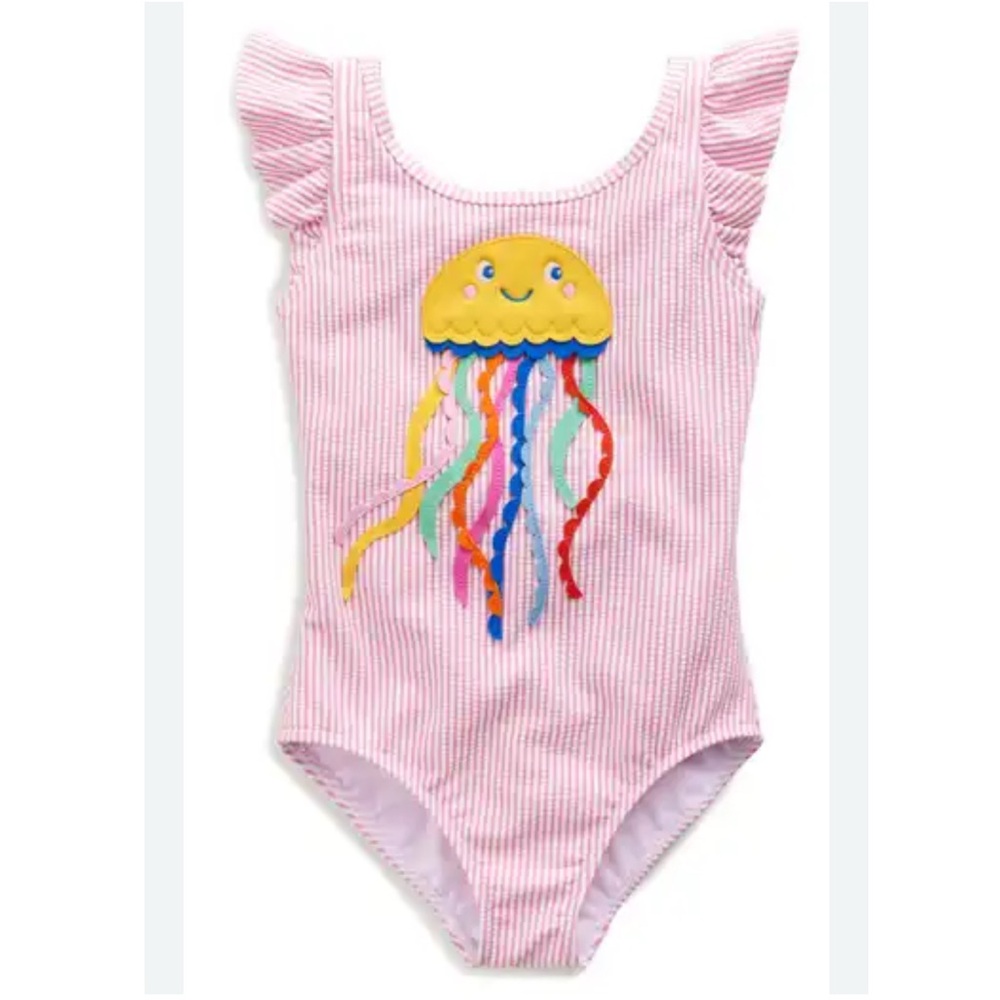 Mini Boden Pink Striped Seersucker Embroidered Swimsuit Toddler One Piece